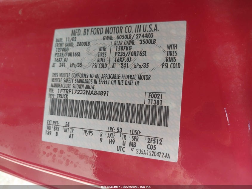 2003 FORD F-150 TRUCK 4.2L V-6 202HP