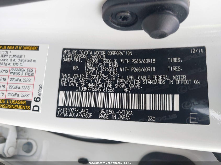 2017 Lexus Gx 460 VIN: JTJBM7FX4H5161666 Lot: 45435025