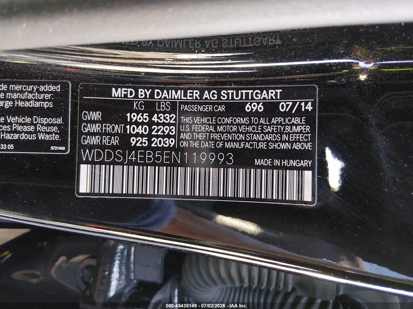 2014 Mercedes-Benz Cla 250 VIN: WDDSJ4EB5EN119993 Lot: 45435149