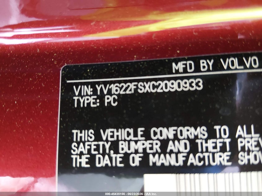 2012 Volvo S60 T5 VIN: YV1622FSXC2090933 Lot: 45435156