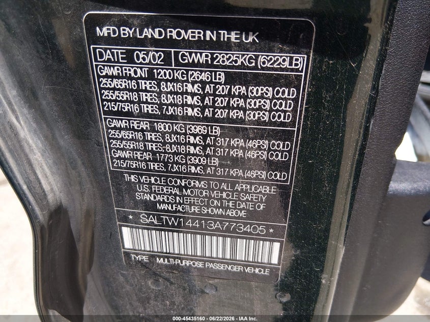 2003 Land Rover Discovery Se VIN: SALTW14413A773405 Lot: 45435160