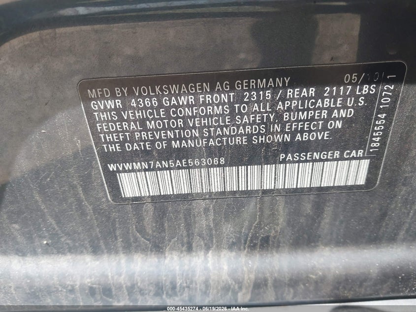 2010 Volkswagen Cc Sport VIN: WVWMN7AN5AE563068 Lot: 45435274