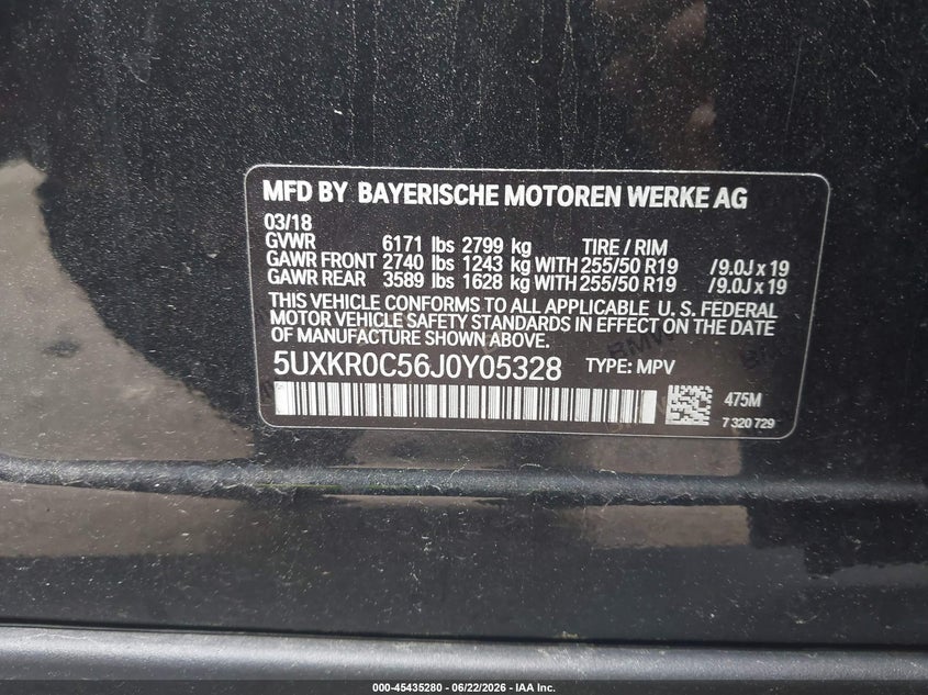 BMW X5 2018 VIN 5UXKR0C56J0Y05328