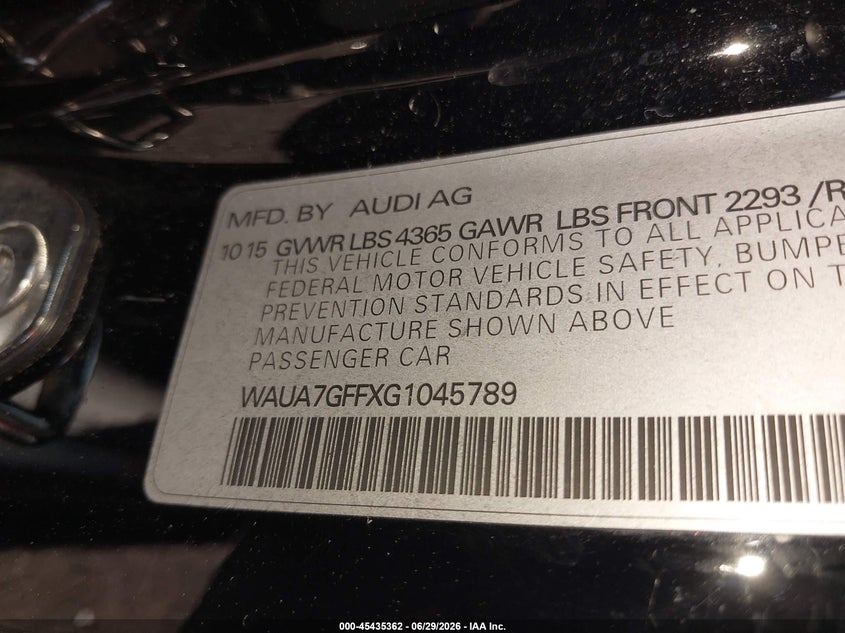 2016 Audi A3 1.8T Premium VIN: WAUA7GFFXG1045789 Lot: 45435362