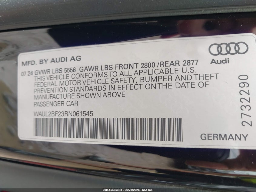 2024 Audi A6 Premium Plus 55 Tfsi Quattro S Tronic VIN: WAUL2BF23RN061545 Lot: 45435363
