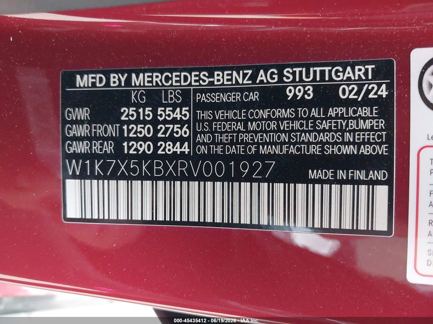 2024 Mercedes-Benz Amg Gt 43 4-Door Coupe VIN: W1K7X5KBXRV001927 Lot: 45435412