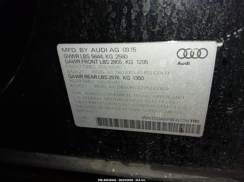 2015 Audi Sq5 3.0T Premium Plus VIN: WA1CGAFP8FA126199 Lot: 45435442
