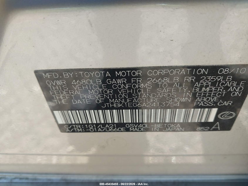 2010 LEXUS ES SEDAN 3.5L V-6 DOHC, VVT, 272HP