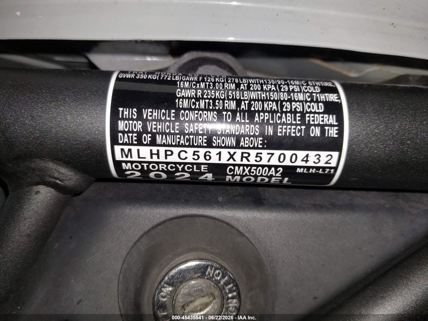 2024 Honda Cmx500 A2 VIN: MLHPC561XR5700432 Lot: 45435541