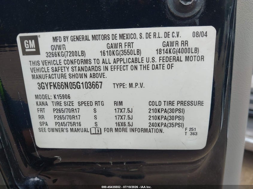 2005 Cadillac Escalade Esv Standard VIN: 3GYFK66N05G103667 Lot: 45435552