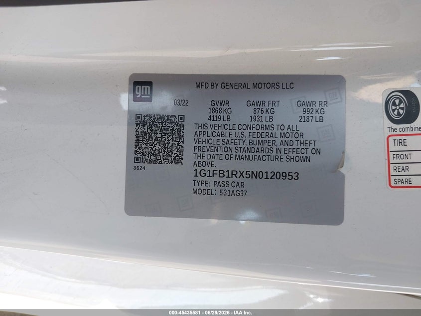 2022 Chevrolet Camaro VIN: 1G1FB1RX5N0120953 Lot: 45435581