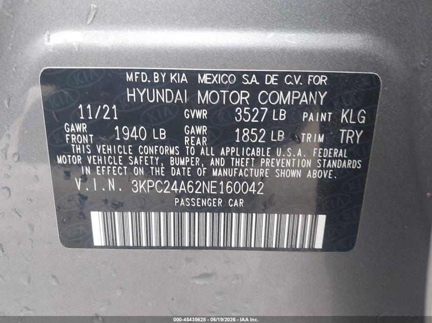 2022 Hyundai Accent Se VIN: 3KPC24A62NE160042 Lot: 45435628