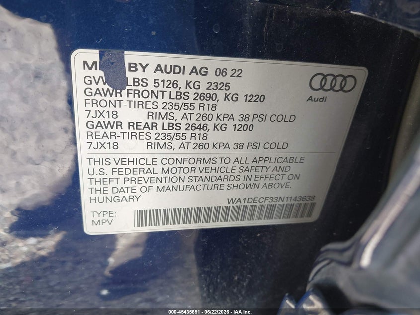 2022 Audi Q3 Premium 45 Tfsi S Line Quattro Tiptronic VIN: WA1DECF33N1143638 Lot: 45435651