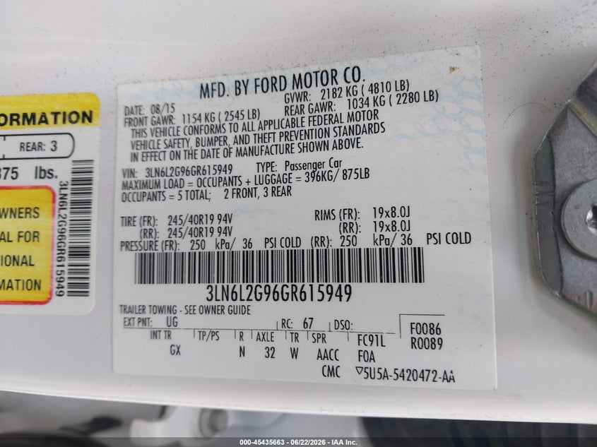 2016 Lincoln Mkz VIN: 3LN6L2G96GR615949 Lot: 45435663