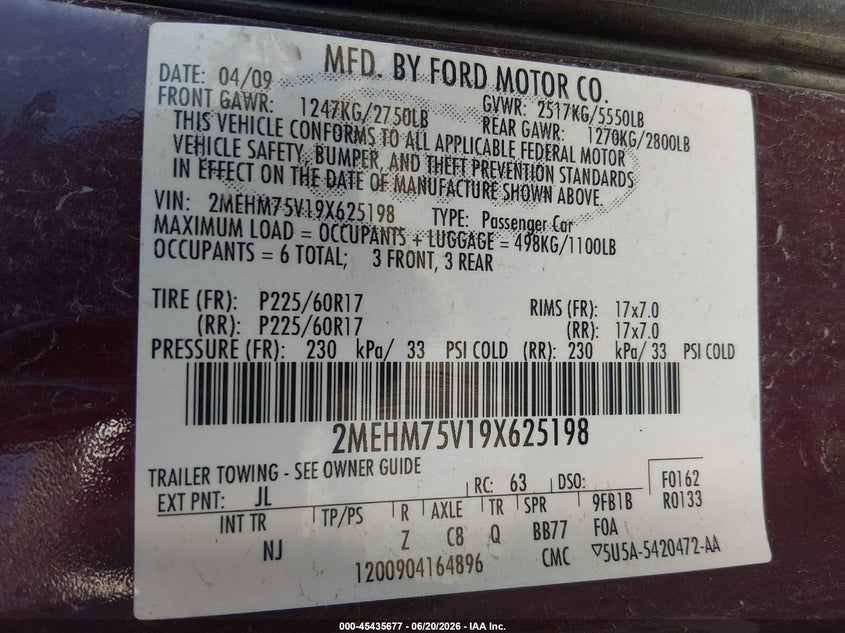 2009 Mercury Grand Marquis Ls (Fleet Only) VIN: 2MEHM75V19X625198 Lot: 45435677