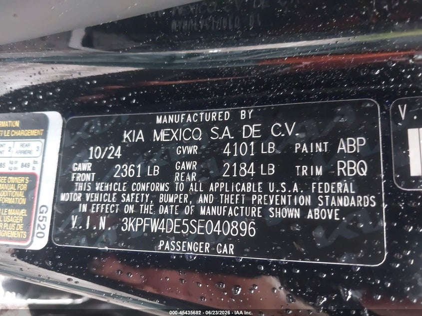 2025 Kia K4 Gt-Line VIN: 3KPFW4DE5SE040896 Lot: 45435682