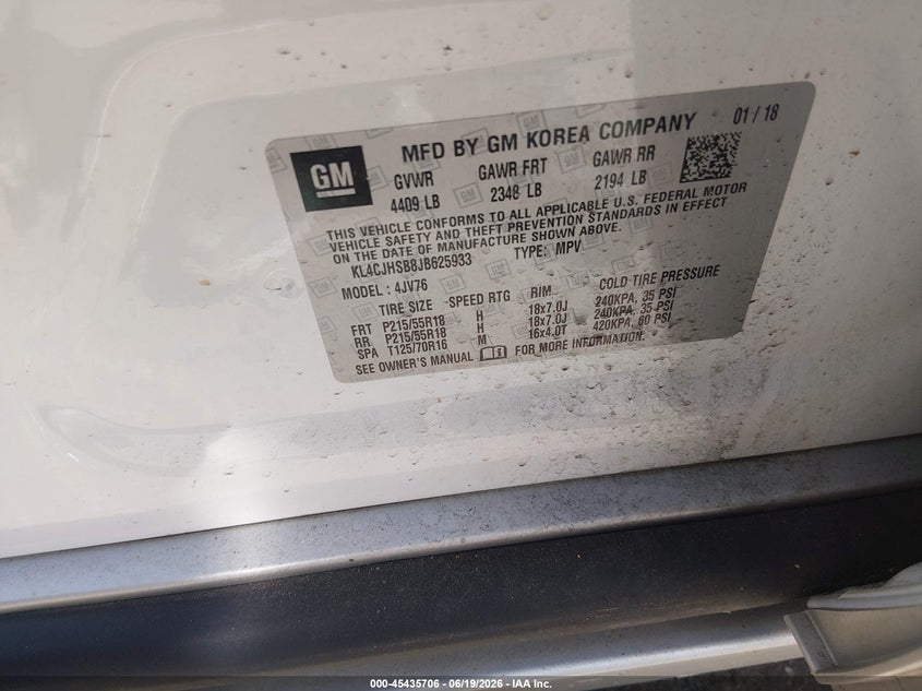 VIN: KL4CJHSB8JB625933 2018 BUICK ENCORE PREMIUM