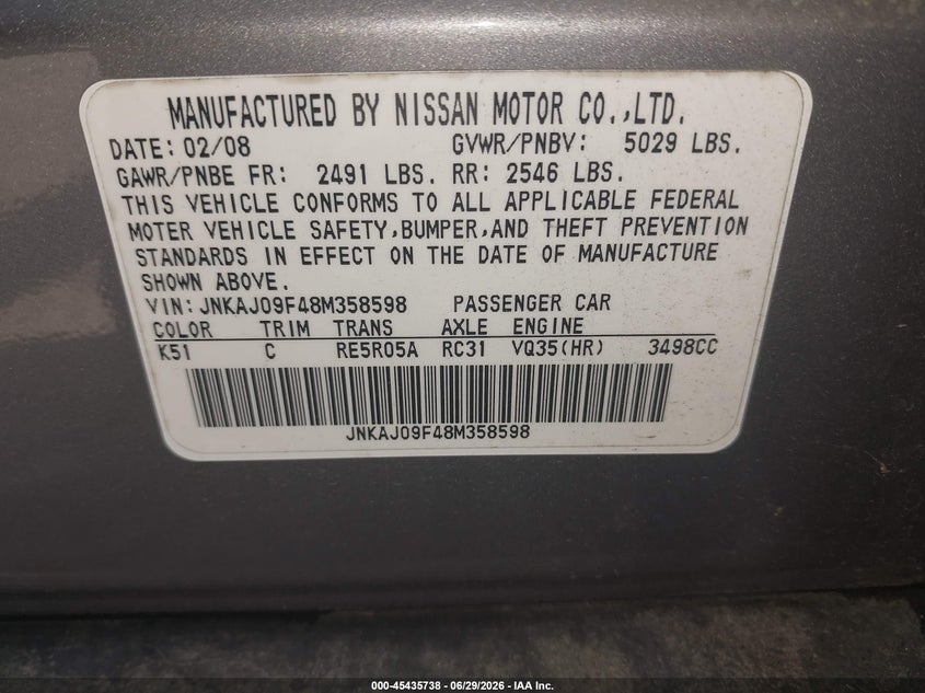 2008 Infiniti Ex35 Journey VIN: JNKAJ09F48M358598 Lot: 45435738
