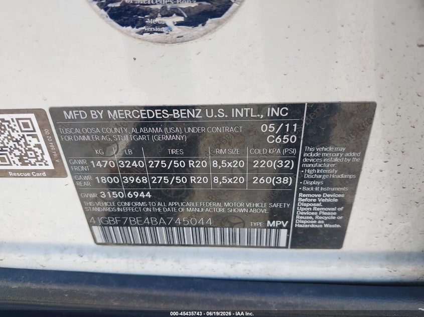 2011 Mercedes-Benz Gl 450 4Matic VIN: 4JGBF7BE4BA745044 Lot: 45435743