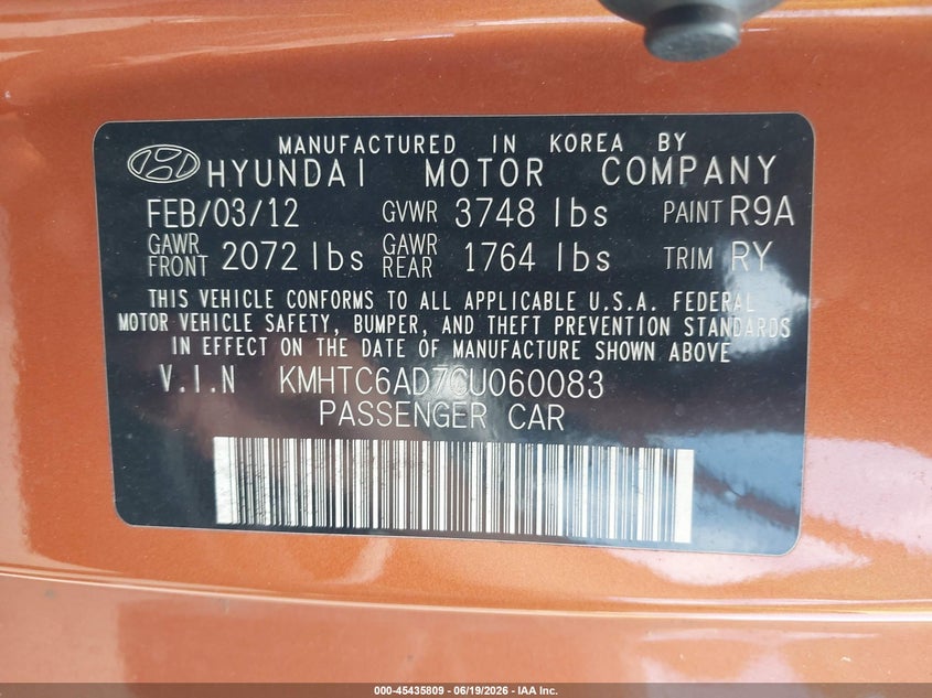 2012 Hyundai Veloster Base W/Black VIN: KMHTC6AD7CU060083 Lot: 45435809