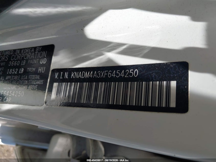 2015 Kia Rio Lx VIN: KNADM4A3XF6454250 Lot: 45435817