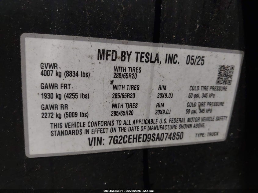 2025 Tesla Cybertruck All-Wheel Drive VIN: 7G2CEHED9SA074850 Lot: 45435831
