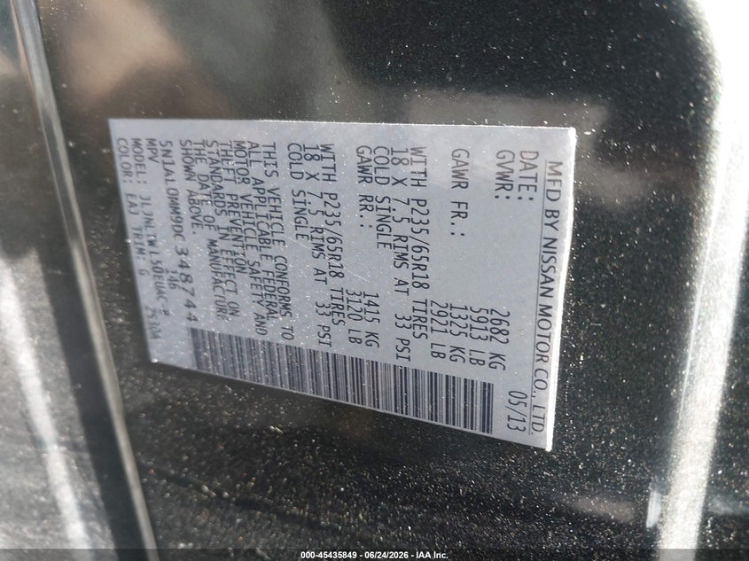 2013 Infiniti Jx35 VIN: 5N1AL0MM9DC348744 Lot: 45435849