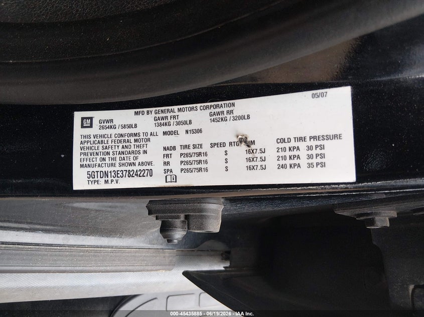 2007 Hummer H3 Suv VIN: 5GTDN13E378242270 Lot: 45435885