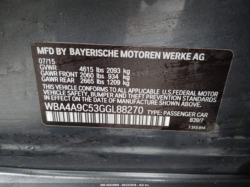 2016 BMW 4ER HATCHBACK 2.0L I-4 DI, DOHC, VVT, TURBO, 240HP