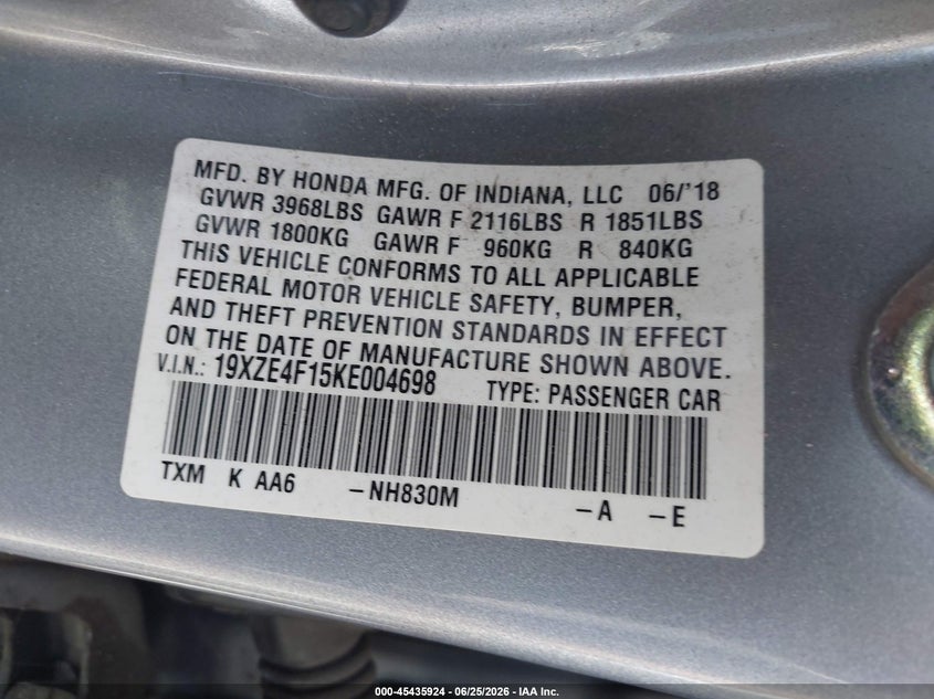 2019 Honda Insight Lx VIN: 19XZE4F15KE004698 Lot: 45435924