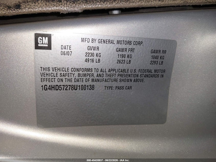 2008 Buick Lucerne Cxl VIN: 1G4HD57278U100138 Lot: 45435937