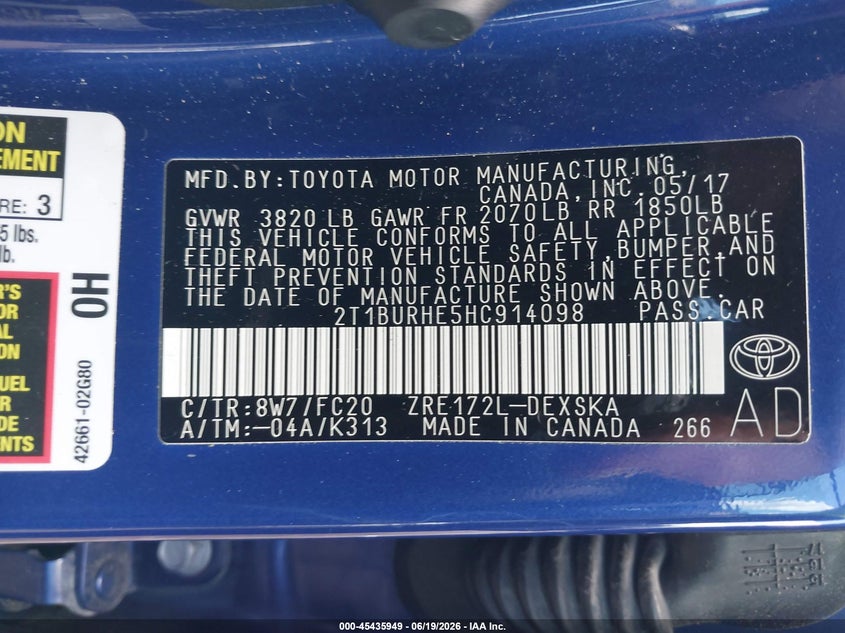 2017 Toyota Corolla Se VIN: 2T1BURHE5HC914098 Lot: 45435949