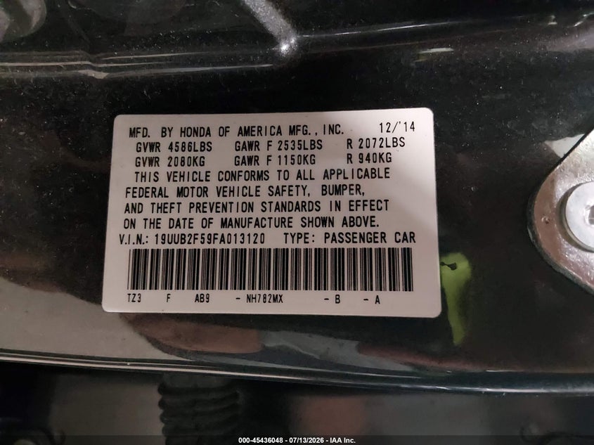 2015 Acura Tlx V6 Tech VIN: 19UUB2F59FA013120 Lot: 45436048