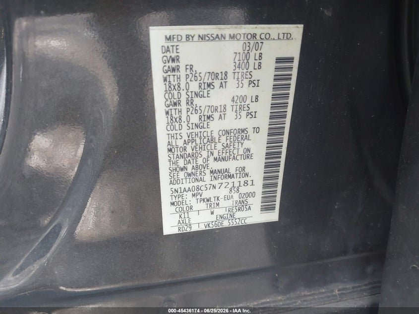 2007 Nissan Armada Se VIN: 5N1AA08C57N721181 Lot: 45436174