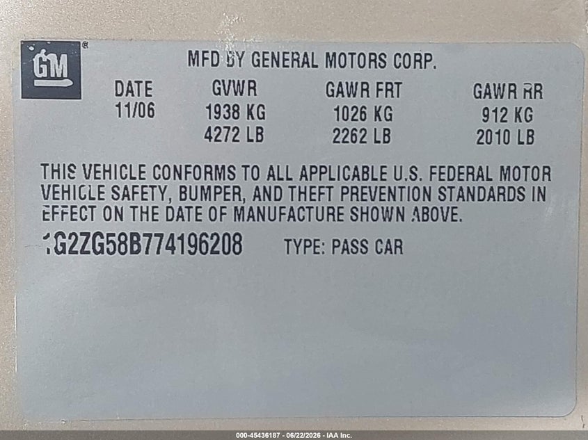 2007 Pontiac G6 VIN: 1G2ZG58B774196208 Lot: 45436187