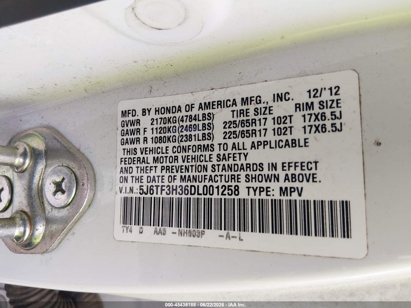 2013 Honda Crosstour Ex VIN: 5J6TF3H36DL001258 Lot: 45436188