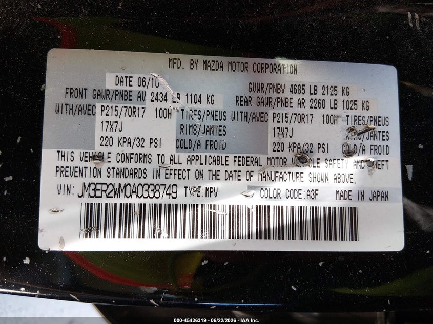 2010 Mazda Cx-7 I Sv VIN: JM3ER2WM0A0338749 Lot: 45436319