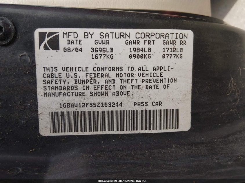 2005 Saturn Ion 3 VIN: 1G8AW12F55Z103244 Lot: 45436329