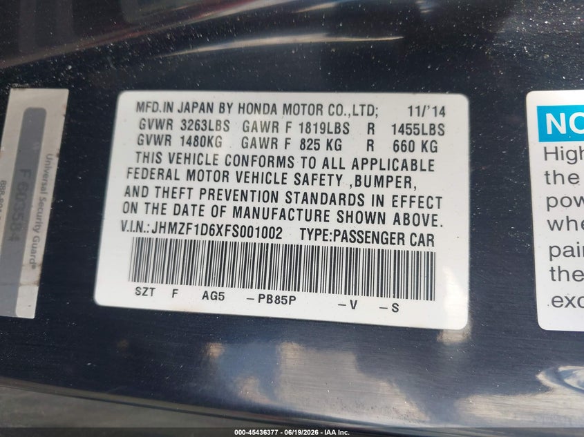 2015 Honda Cr-Z Ex VIN: JHMZF1D6XFS001002 Lot: 45436377
