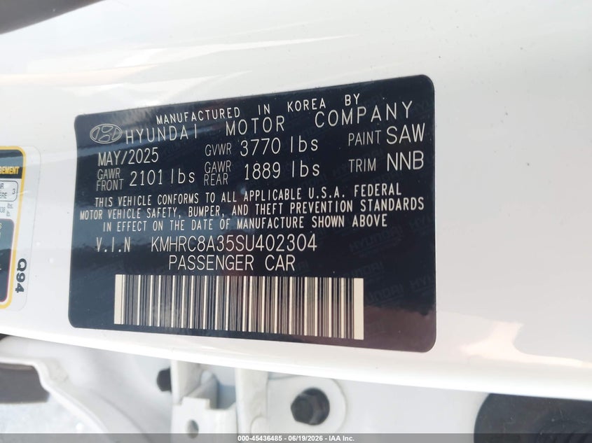 2025 Hyundai Venue Sel VIN: KMHRC8A35SU402304 Lot: 45436485