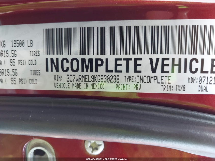 2019 Ram 5500 Chassis Tradesman/Slt/Laramie/Limited VIN: 3C7WRMEL9KG630238 Lot: 45436551