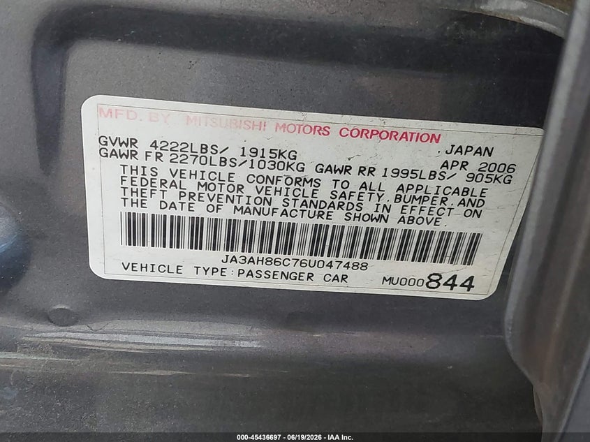 2006 Mitsubishi Lancer Evolution Ix/Mr VIN: JA3AH86C76U047488 Lot: 45436697