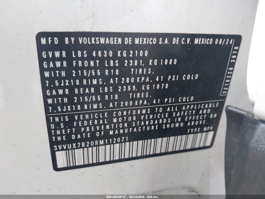 2024 Volkswagen Taos 1.5T Se VIN: 3VVUX7B20RM112071 Lot: 45436707