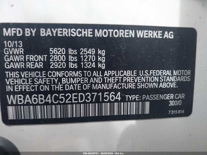 2014 BMW 650I Gran Coupe xDrive VIN: WBA6B4C52ED371564 Lot: 45436751
