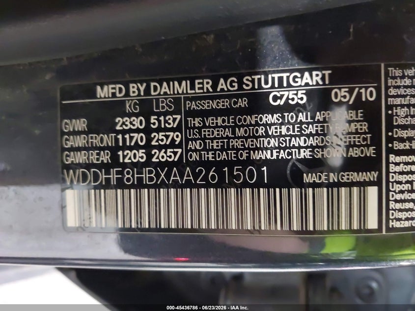 2010 Mercedes-Benz E 350 4Matic VIN: WDDHF8HBXAA261501 Lot: 45436786