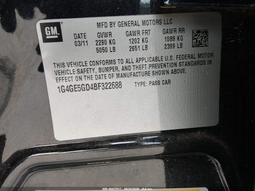 2011 Buick Lacrosse Cxs VIN: 1G4GE5GD4BF322688 Lot: 45437017
