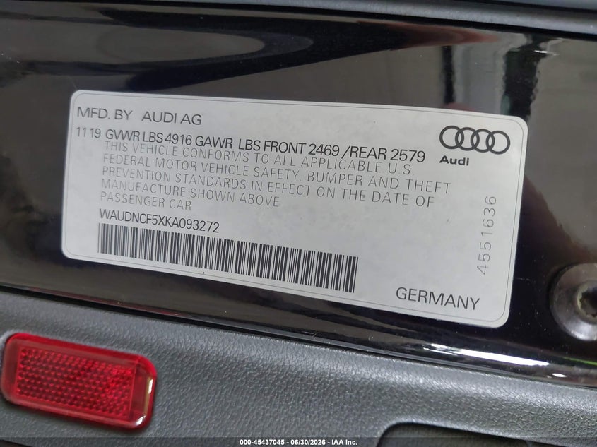 2019 Audi A5 45 Premium VIN: WAUDNCF5XKA093272 Lot: 45437045