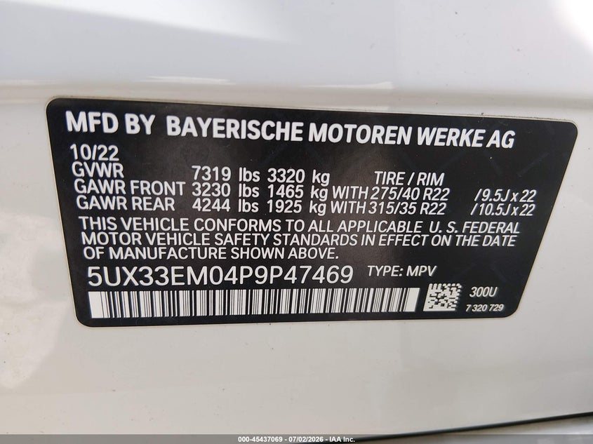 2023 BMW X7 M60I VIN: 5UX33EM04P9P47469 Lot: 45437069