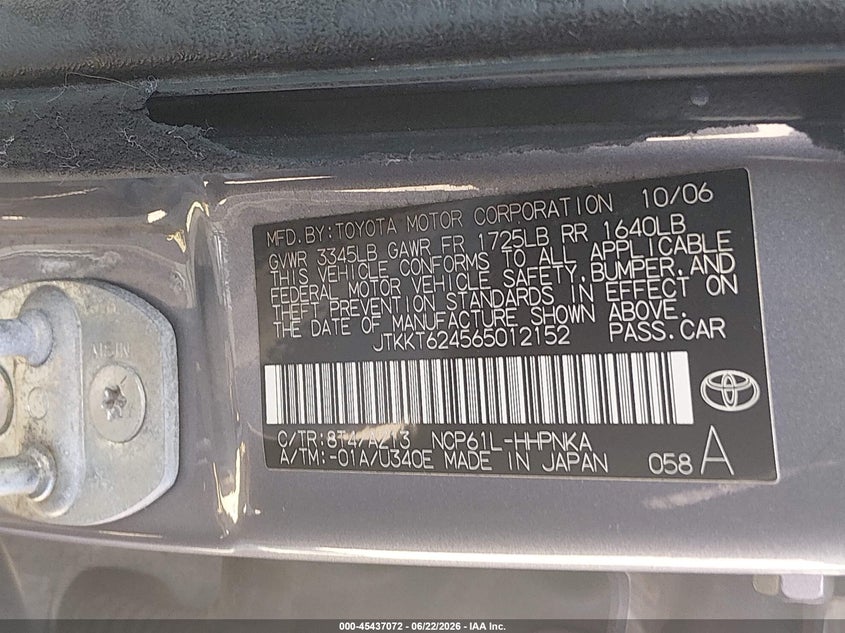 2006 Scion Xa VIN: JTKKT624565012152 Lot: 45437072