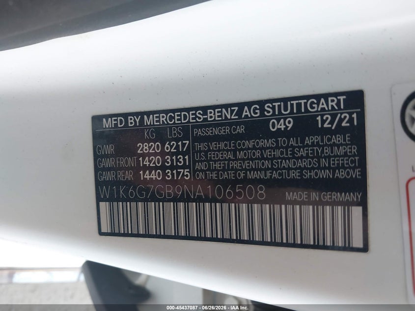 2022 Mercedes-Benz S 580 4Matic VIN: W1K6G7GB9NA106508 Lot: 45437087